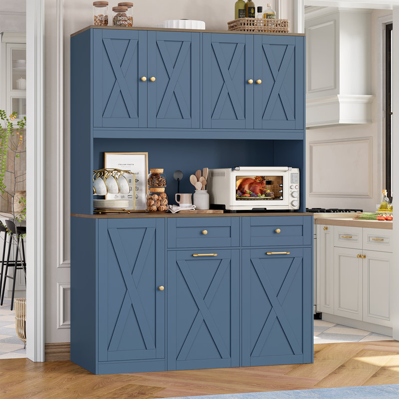 Meuble de poubelle à grande capacité à ouverture par pression et par traction avec tablette pour micro-ondes, meuble de rangement de cuisine autoportant