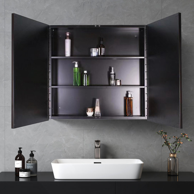 26X30 Inches Black Metal Framed Wall Mount Or Recessed Bathroom Medicine Cabinet With Mirror