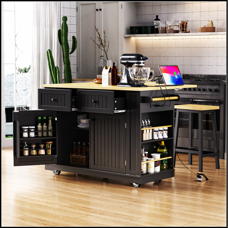 48-Inch Large Kitchen Island With 2 Bar Stools, Power Outlet, And Multiple Storage Options For Modern Kitchens And Dining Rooms