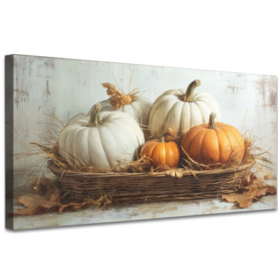 Grande citrouille - art mural d'automne pour le salon, peintures murales d'automne de campagne pour mur de chambre à coucher, cadre en pin de l'Action de grâce, 30 po x 60 po