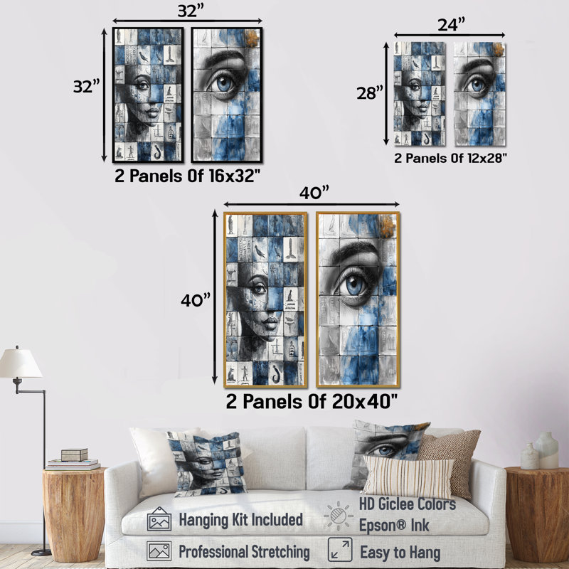 «Blue égyptien hiéroglyphes», ensemble de 2 pièces d'art mural, Toile tendue, H 28 po x l 24 po
