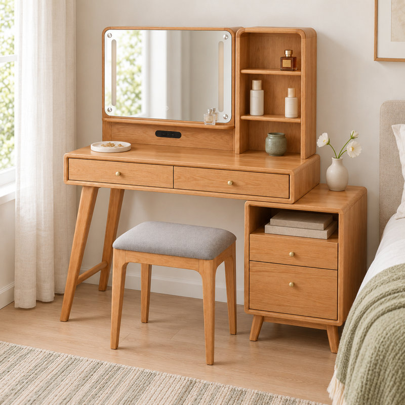 Natural Wood Makeup Vanity Set with Mirror, 4 Drawers, Open Shelves and Gray Upholstered Stool