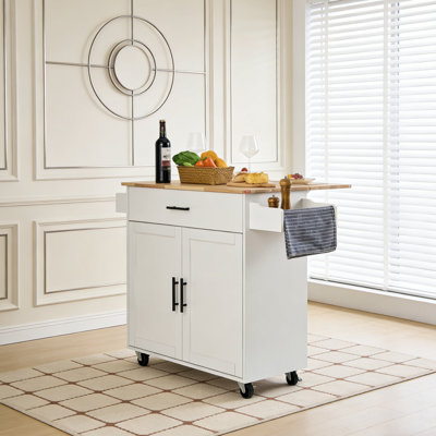 Chariot pour îlot de cuisine avec plateau en bois massif, chariots mobiles avec armoire de rangement, table de cuisine roulante avec porte-épices, porte-serviettes, abattant et tiroir, îlots portatifs sur roulettes