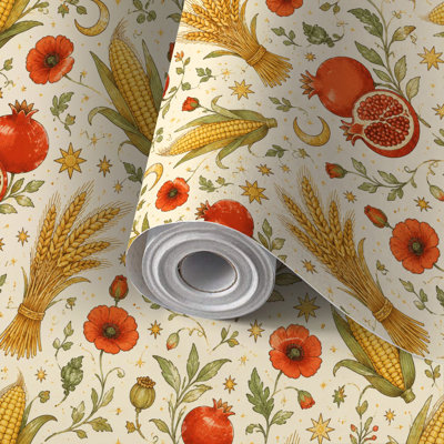 Peel and Stick Wallpaper Contact Paper Autumn Harvest Wheat Pomegranates Corn Floral Self Adhesive and Removable 24in x 118in(60x300cm)