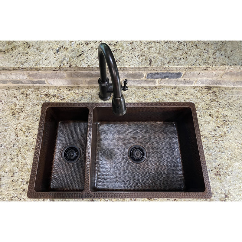 33" Hammered Copper 25/75 Double Basin Kitchen Sink