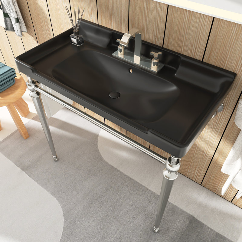 36" Bathroom Console Sink, Wall-Mounted Ceramic Vanity Basin With 3 Pre-Drilled Faucet Holes, Freestanding Stainless Steel Support Legs With Towel Bar