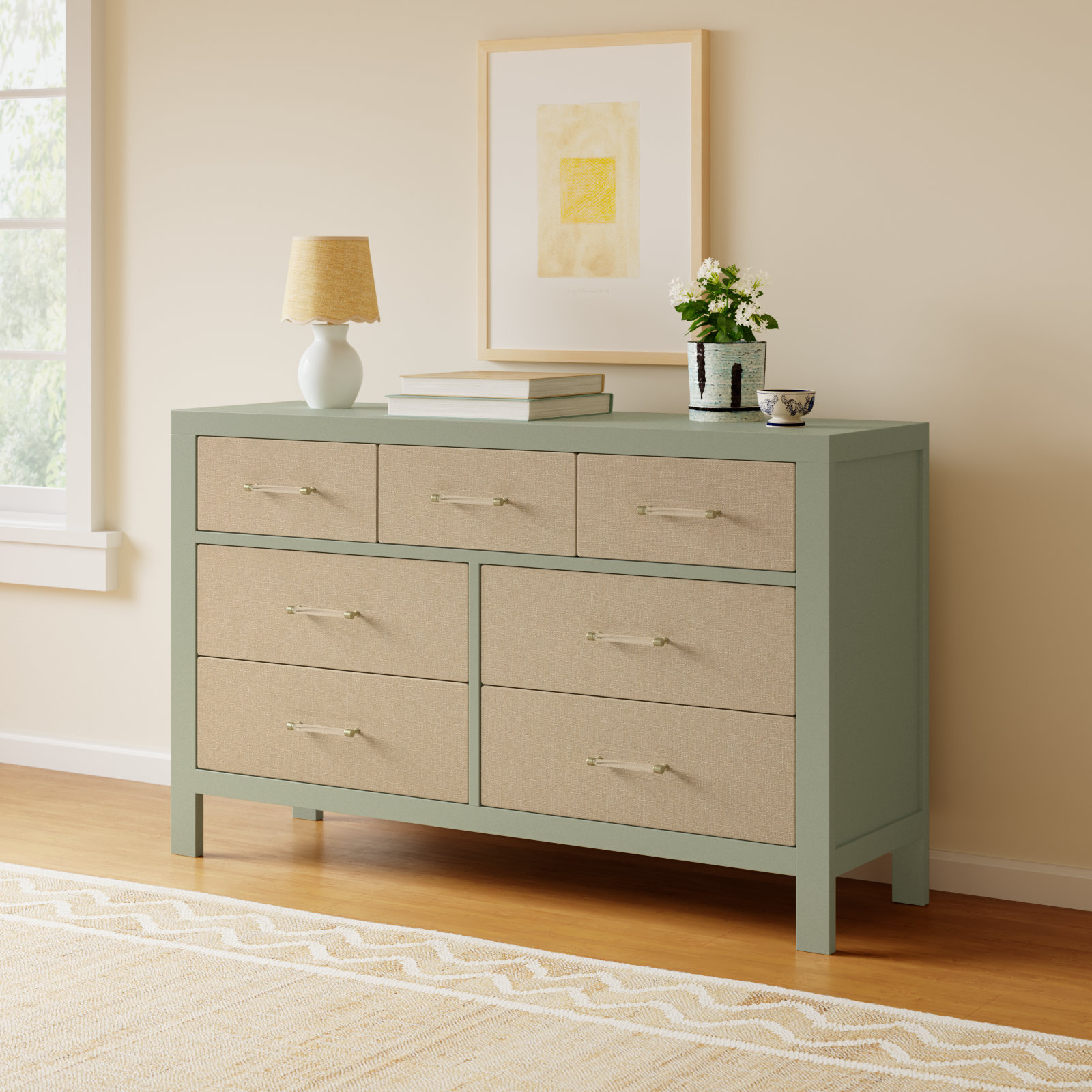 Eloise 7-Drawer Assembled Dresser, French Sage/Performance Sand Eco-Weave