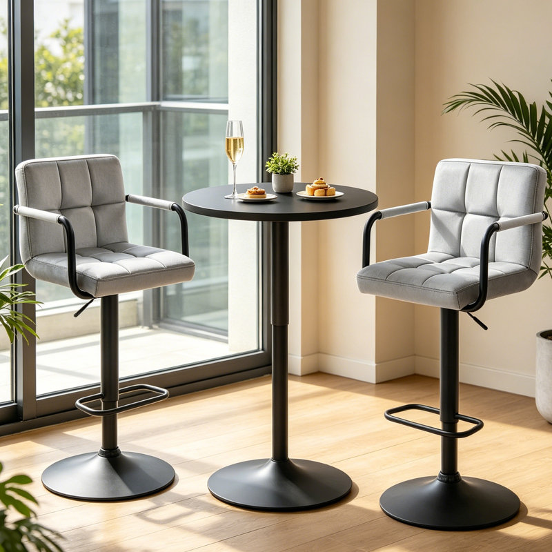 3 Piece Height-adjustable Pub Table And  Bar Stool Dining Set, Gray