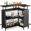 Unité de bar en forme de L 36 po x 48 po avec repose-pieds - Armoire de coin moderne avec tablettes à 2 niveaux et supports en verre, mini table de bar industrielle noire pour la maison, la cuisine ou le pub