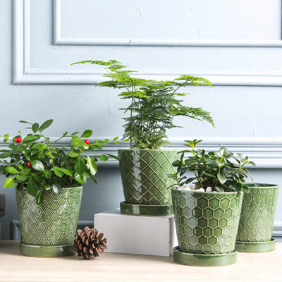 5 inch Ceramic Flower Pot with Tray Set of 4