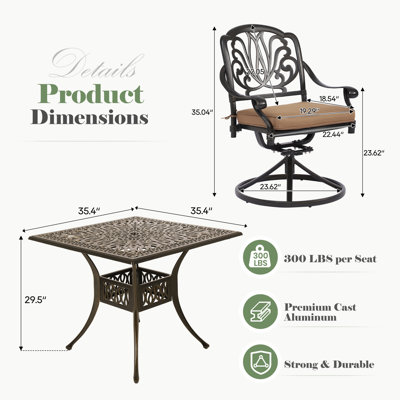 Ensemble de bar extérieur 5 pièces en fonte d'aluminium avec table ronde et 4 chaises de bar pivotantes Elizabeth, ensemble bistro de patio résistant aux intempéries avec coussins rouges (1 table carrée + 4 chaises)