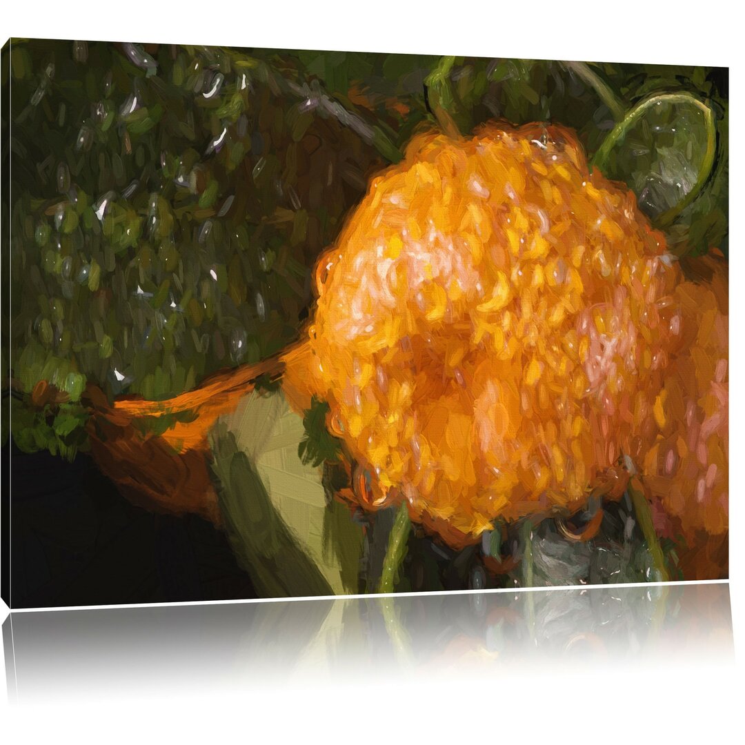 Leinwandbild Orange mit Wassertropfen