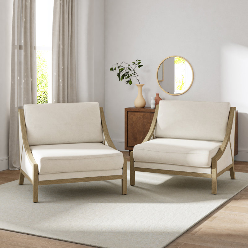 Fauteuil d'appoint surdimensionné Theoren de style ferme, en bois massif, 95 cm de large, Polyester ivoire