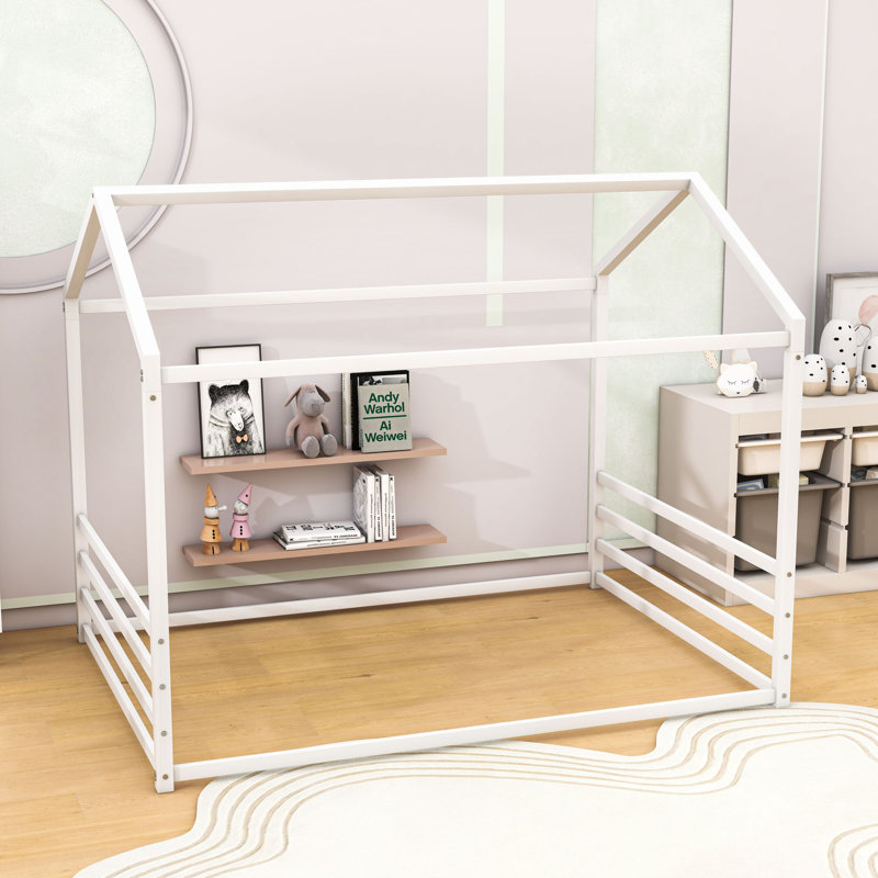 Metal Floor Bed Frame With Guardrails, Twin, White