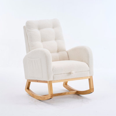 Plush Accent Rocking Chair With Footrest, Cream White High-Back Rocker, Rubber Wood Lounge Chair For Nursery & Living Room