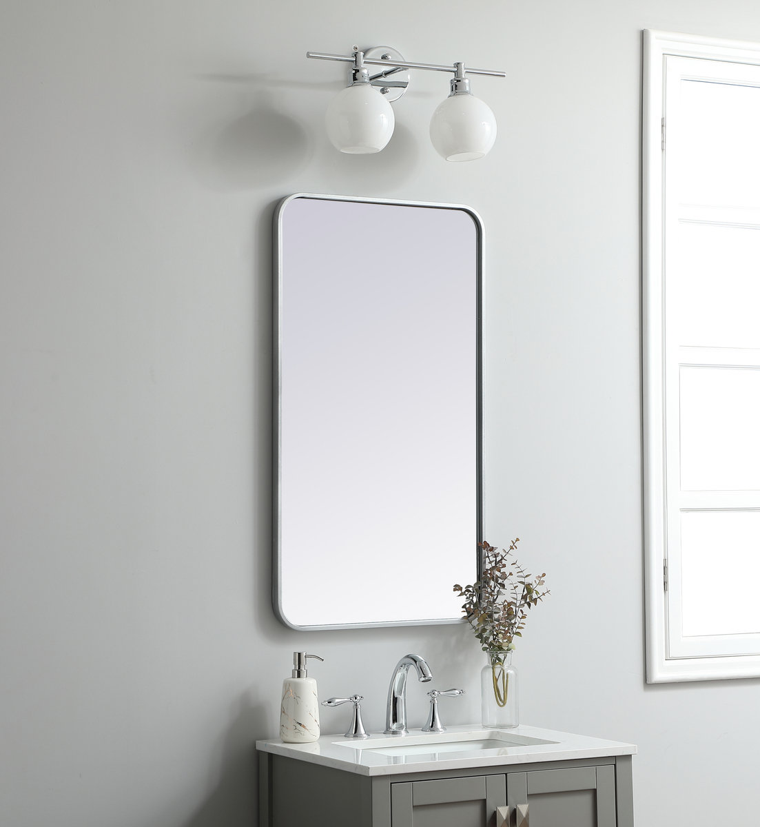 Sabine Metal Rounded Rectangle Wall Mirror, 36" x 20", Silver