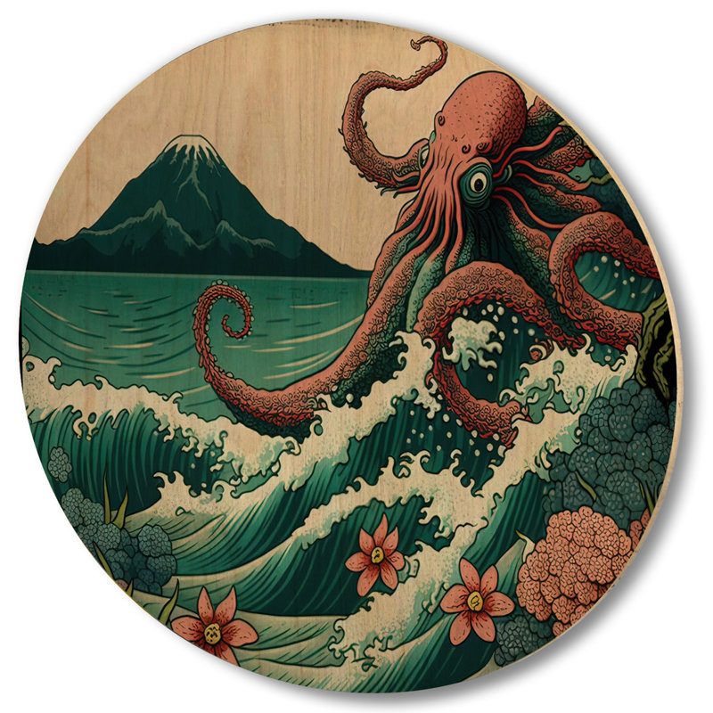 Paysage japonais avec pieuvre I - décoration murale japonaise / campagne en bois, H 23 po x l 23 po x P 1 po