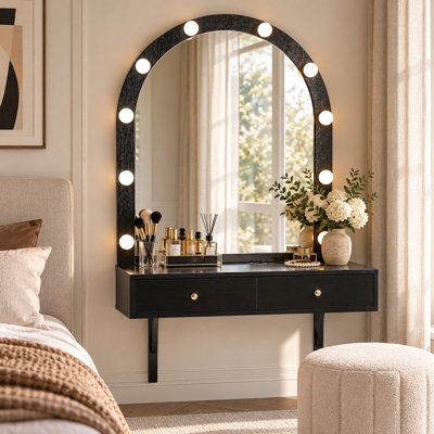 Coiffeuse de maquillage flottante moderne avec miroir arqué éclairé, prises de courant encastrées et tiroirs de rangement