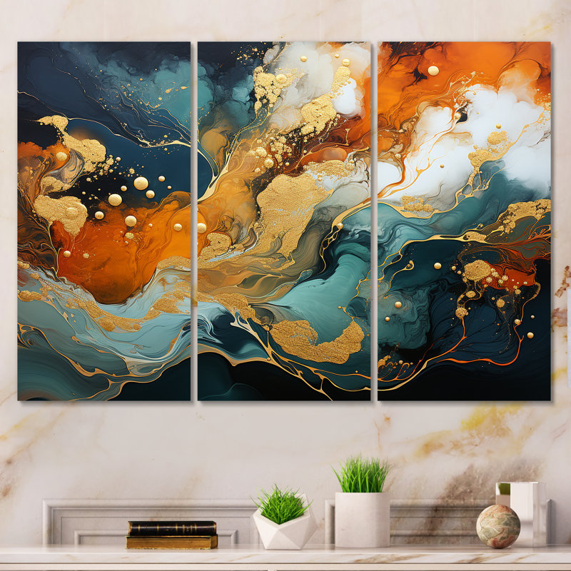 Tempête de marbre bleu et doré V - art mural abstrait, Toile tendue, H 32 po x l 48 po x P 1 po