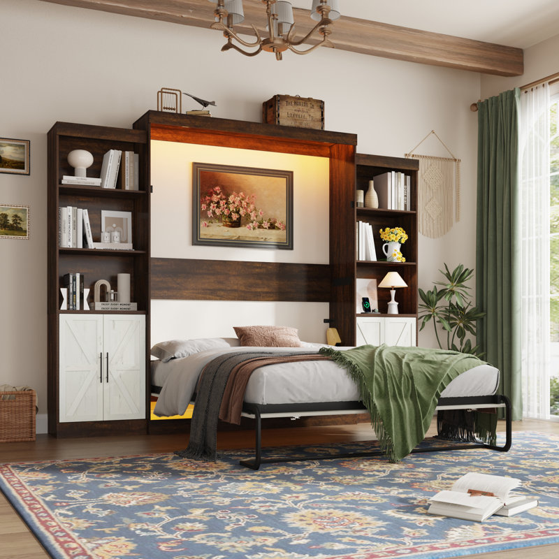 Murphy Bed With 2 Side Storage Cabinets, LED Lights, And Charging Station,  No Box Spring Needed, For Home Office, Queen