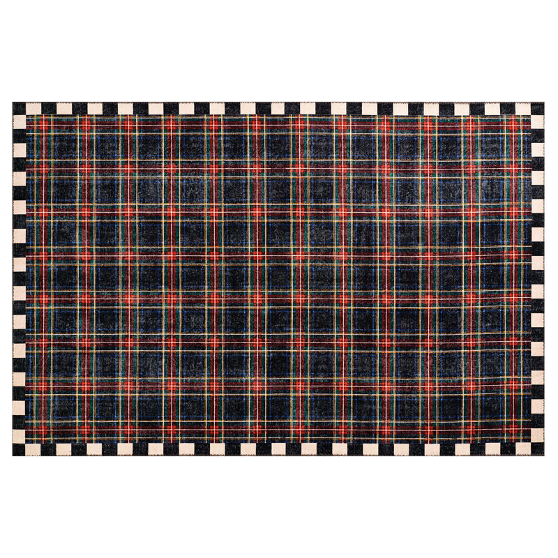 Stewart Tartan Black Washable Rug, Rectangle 5' x 7'6"