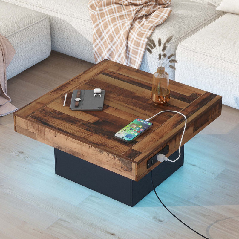 Coffee Table with Charging Station and LED Light, Black