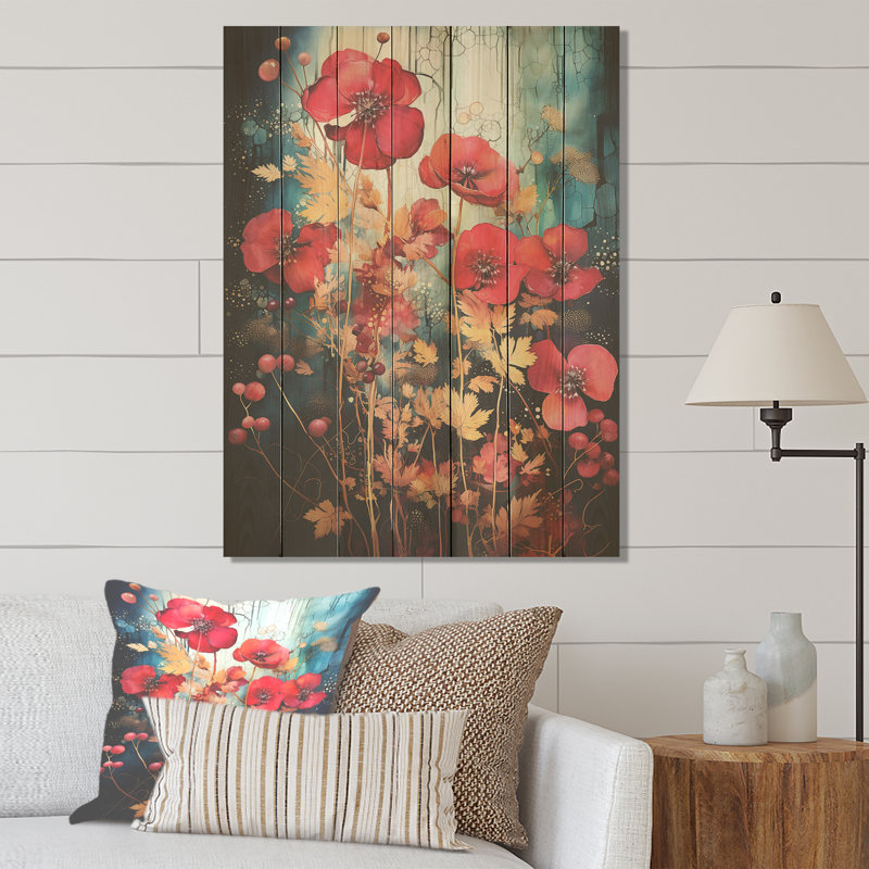 «Red Enchanted Floral Botanicals Garden» - botaniques sur bois, H 20 po x l 10 po