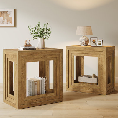 Table d'appoint Farmhouse Square avec rangement à 2 niveaux, table d'appoint en bois pour le salon ou la chambre à coucher