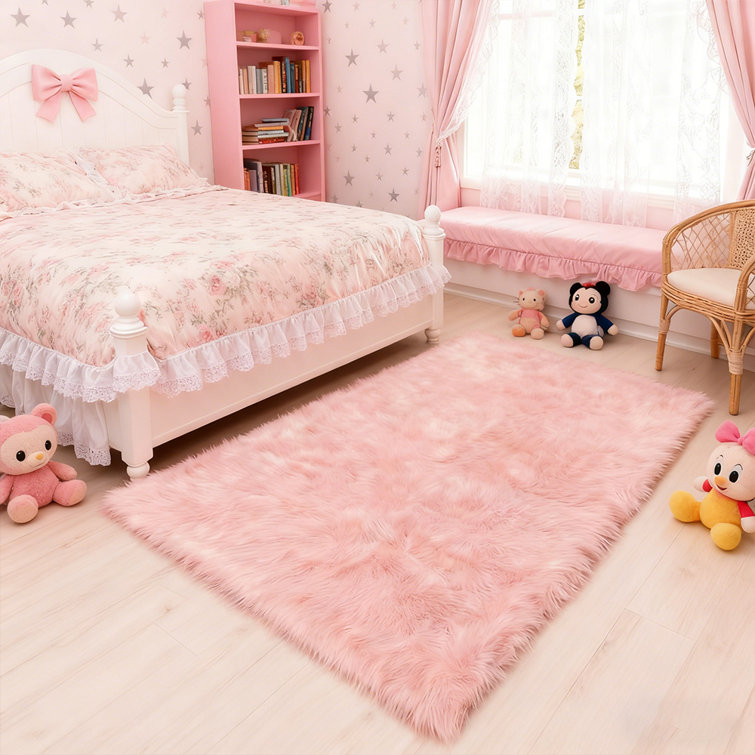 Lush Silky Pink Faux Sheepskin Living Room Rug