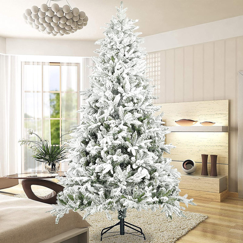 Arbre de Noël artificiel à charnière enneigé 7 pi avec des pointes réalistes blanches