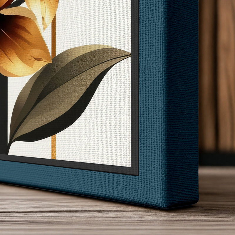 Golden Lotus Blooms Botanical - Wrapped Canvas, 30x20 - 76.2 x 50.8 cm, Teal Border
