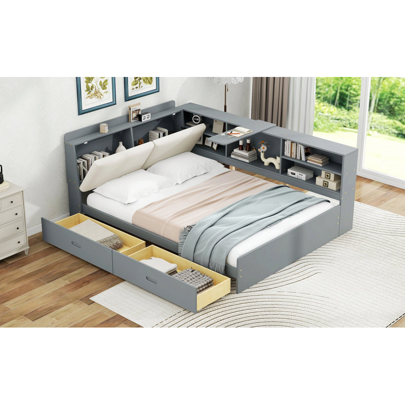 Cadre de lit moderne pour chambre à coucher, chambre d'amis, lit plateforme avec tête de lit, tablettes et 2 tiroirs, Gris