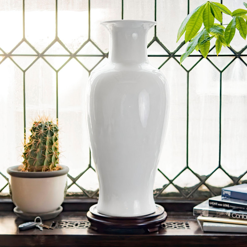 24" Blue And White Floral Porcelain Fishtail Vase, White, 23.75" H x 10.25" W x 10.25" D