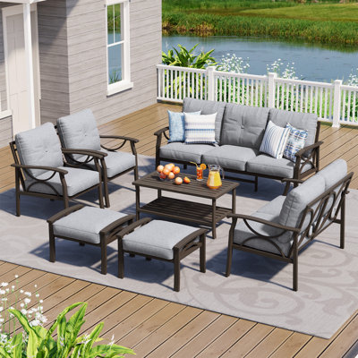 Outdoor Furniture Set with 4" Cushions, 9-Person All-Weather Metal Frame Patio Furniture Set, 7-Piece Outdoor Patio Set with Ergonomic Back Support