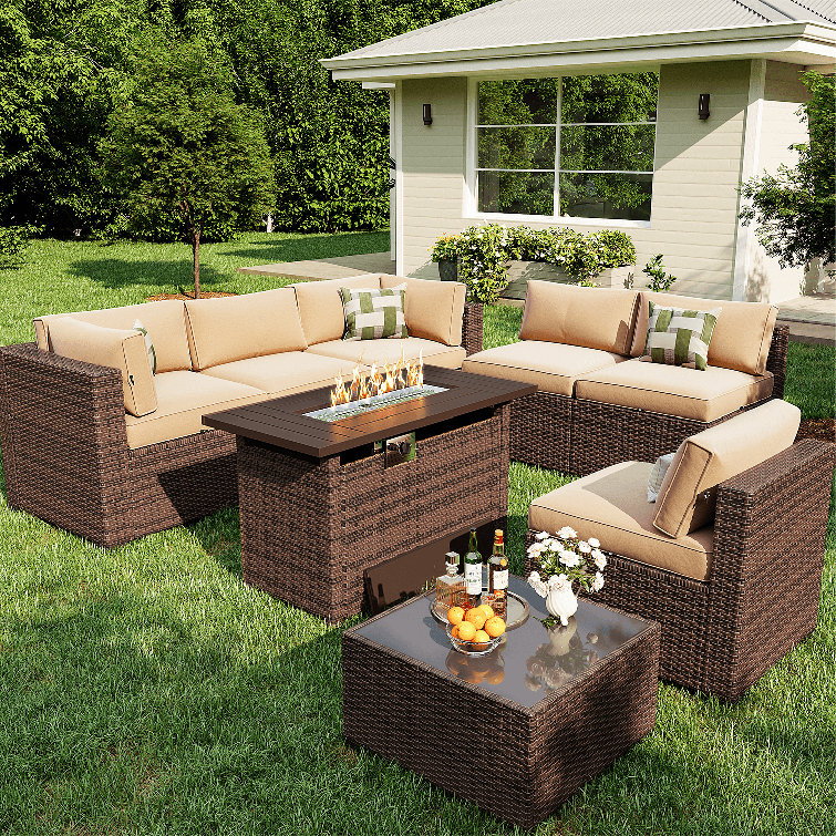 6 - Person Outdoor Seating Group with 44 Inch Fireplace Table, Patio Sectional Sofa Set 