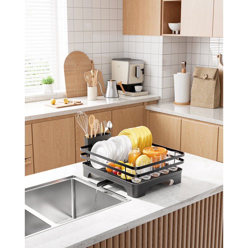 Dish Drying Rack - Multi-Functional Dish Rack for Kitchen Counter with Cutlery Holder, Rust-Proof Storage Solution with Rotatable, 15.7" x 12.0" x 5.5", Black