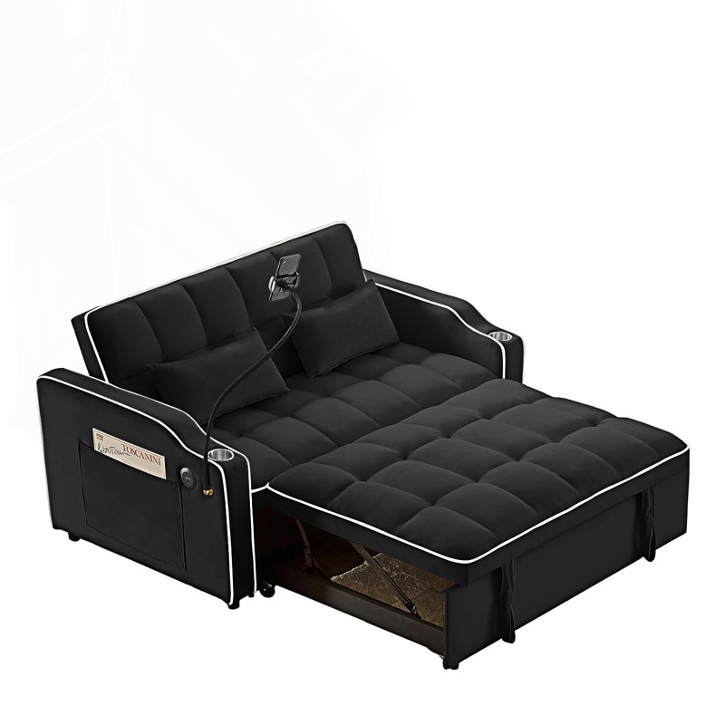 Versatile foldable sofa bed, modern sofa, pull-out bed with adjustable back and usb port, comfy couch, Noir