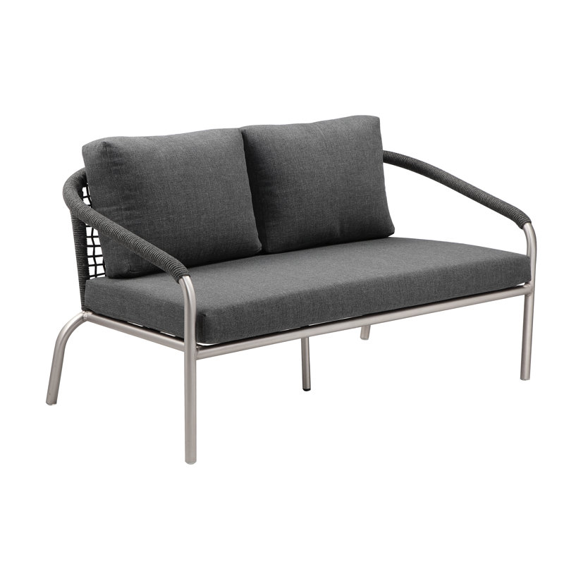 Catlin 58" Wide Loveseat with Cushions, written with the polished, high-conversion tone Wayfair uses — highlighting the aluminum frame, cushions, quick-dry mesh, arrives assembled, and rope accents.