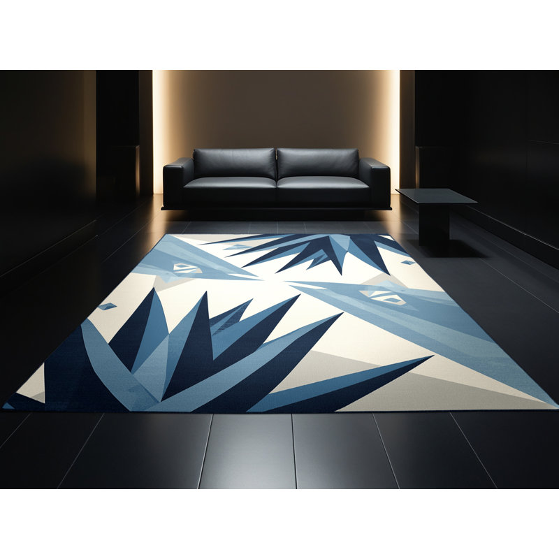 Machine Washable Ortmund Blue Agave Modern & Contemporary Geometric Shapes Rug in Beige – Navy Binding, 4' Round