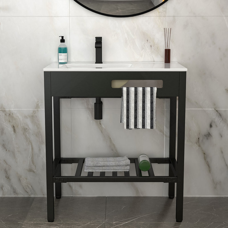 Lavabo de console de salle de bain en céramique 32 "x 18,5" avec trop-plein et pieds noirs
