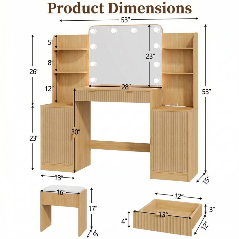 Ensemble de coiffeuse avec miroir lumineux à DEL et prise de courant, bureau de coiffeuse avec tabouret pour la chambre à coucher