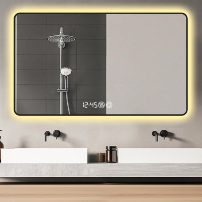 Miroir de salle de bain 48x32 cadre noir - Time Show, tricolore options, désembuage, verre haute, construction et la température d'indication, 3 changements, désembuage,