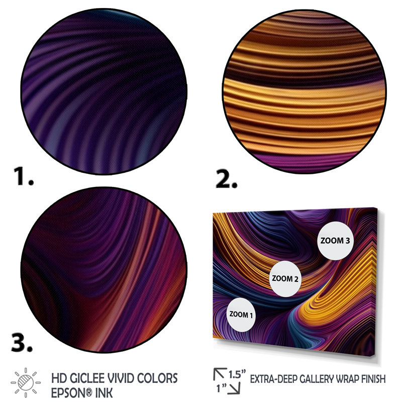 Mauve, jaune, couleurs dansantes I, Toile encadrée noire à coins fermés, H 12 po x l 20 po x P 1 po