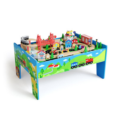 Train Table, 80 Pieces Wooden Kids Activity Toy Table Playset, Tracks, Train, Railway, City, Gift for Toddler Boys Girls Ages 3+