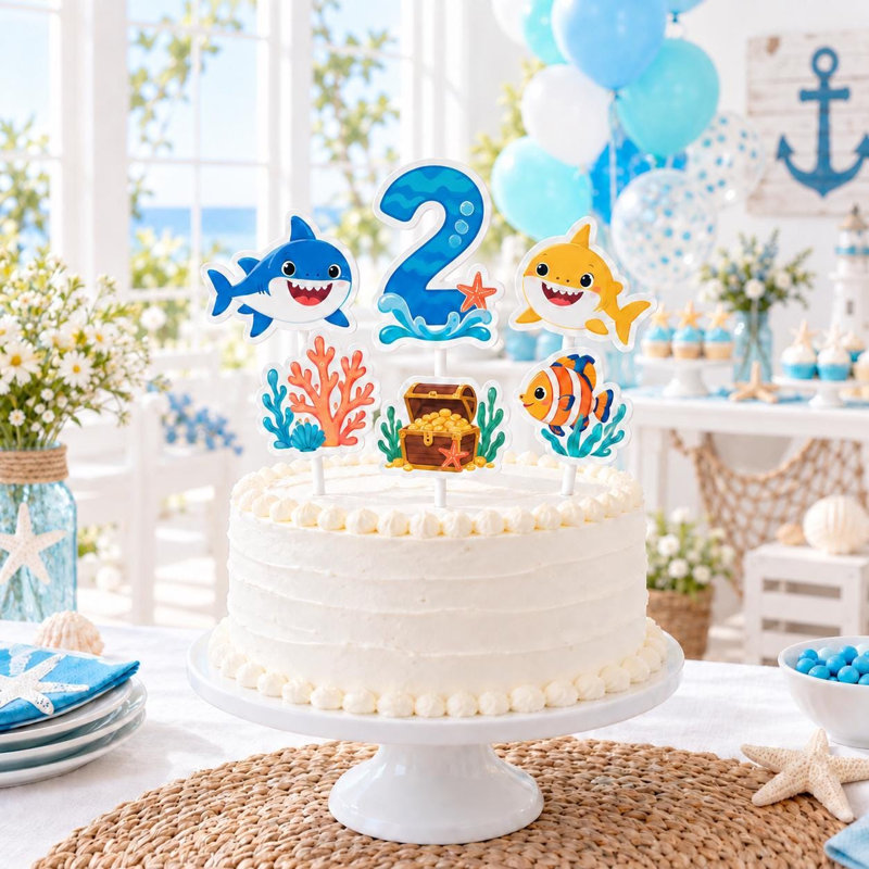 Ensemble de décorations pour gâteau « Petits Requins », décorations personnalisées pour gâteau d'anniversaire sur le thème de l'océan (âge : 6 ans), pics en carton en forme de requin (Âge : 6 ans)