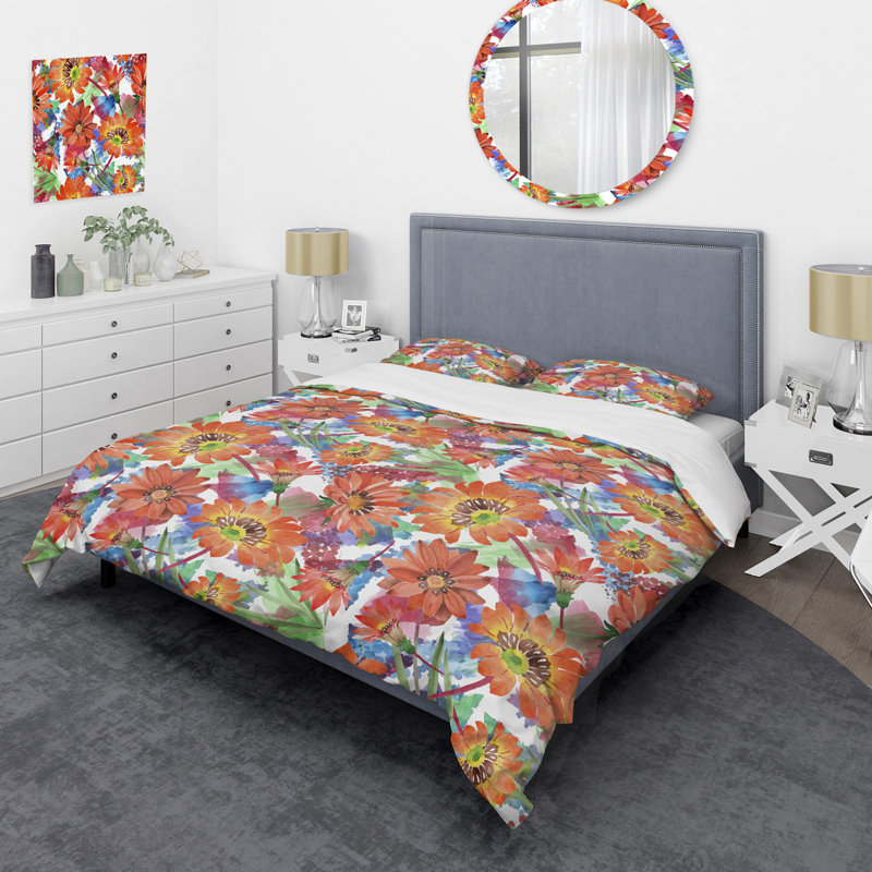 Ensemble de housse de couette orange en microfibre orange Gazania Flowers, Housse de couette pour très grand lit et 2 très