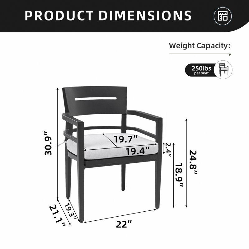 Outdoor Patio K/D Aluminum Stationary Dining Chairs 4Pcs With Outdoor-Grade Sunbrella Fabric Cushions, Tapered Feet, Ember Black