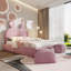 Lit plateforme tapissier pleine grandeur rose avec tête de lit à oreilles, lumières DEL, tabourets de rangement, aucun sommier nécessaire