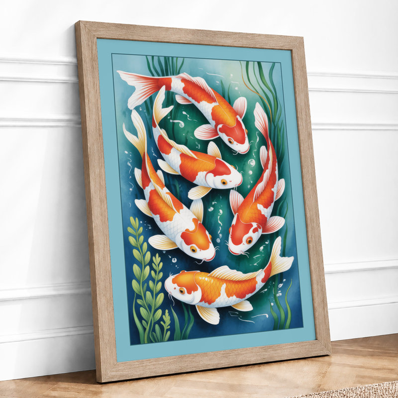 Koi Among Waterplants Japandi - Framed Print, A3 - 42.0 x 29.7 cm, Oak