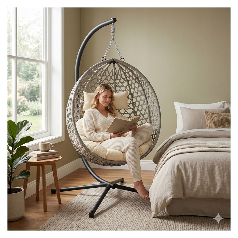 Fauteuil à œufs suspendu pliant en PE gris et beige avec support en acier robuste pour l'intérieur et l'extérieur, Gris